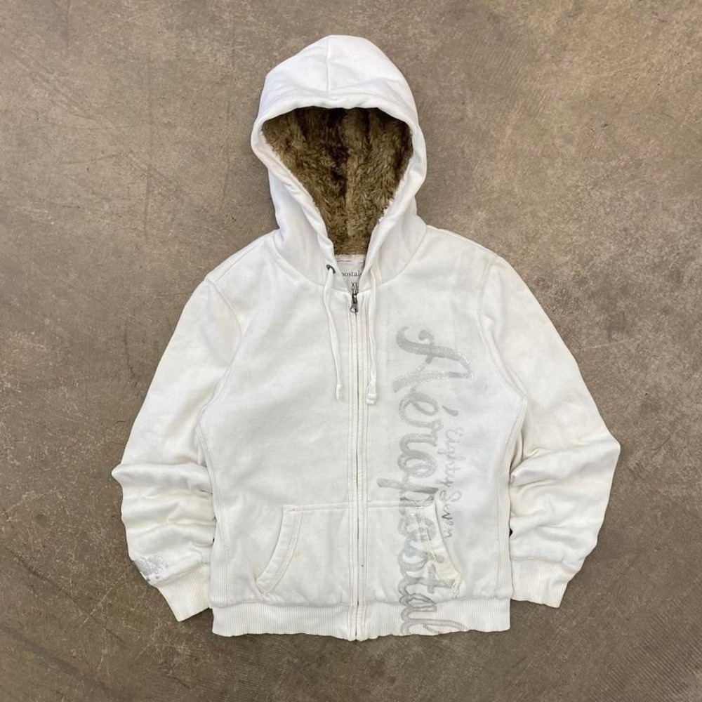 Vintage Y2K Aeropostale Womens Faux Fur Lined Full Zip White Hoodie Jacket XL